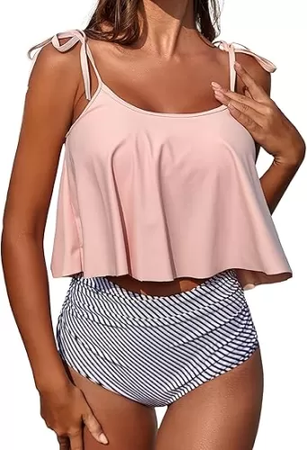 Buauty Bikini Bathing Suits for Women Two Piece Swimsuits Tummy Control Bottom Ruffled Flounce Tops High Waisted Bikini Sets