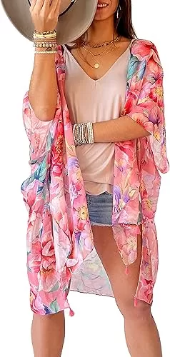 CATCHY & CRAFTY Swimsuit Coverup for Women Kimono Cardigan Beach Floral Boho Print Resort Wear Cruise Gift