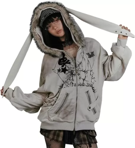 CEINOM Kawaii Bunny Ear Striped Long Sleeve Hoodies Women Harajuku Y2k Zip Up Sweatshirts Cute Style Autumn Winter Hoodies