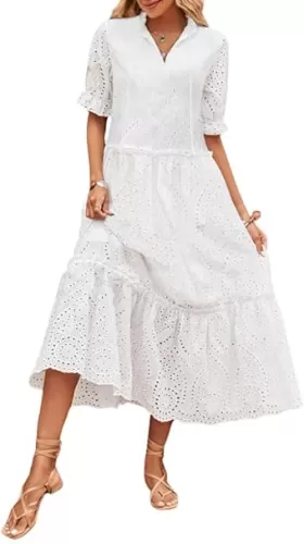chouyatou Women's Summer Boho Embroidery Eyelet Dress V-Neck Collared Tiered Midi Tunic Dress