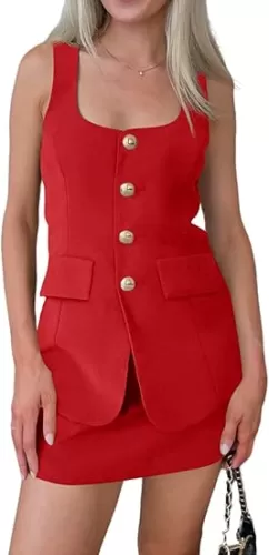 Cicy Bell Womens Summer 2 Piece Outfits Sleeveless Scoop Neck Fitted Blazer Vest Matching Set Mini Skirt Short Suit Work Sets