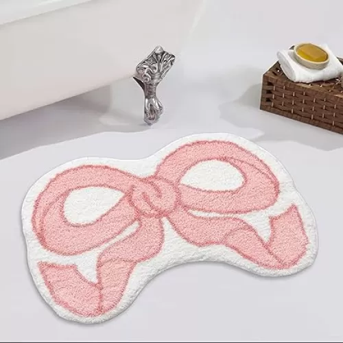 Coquette Bow Rug Pink Bath Mat Bathroom Rugs, Non Slip Cute Bath Rugs Microfiber Plush Bow Decor, Small Preppy Room Decor Washable Absorbent Girl’s Bedside Rug for Bathtub Sink 26"x18"