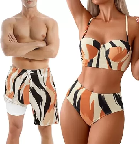 Couples Matching Swimsuit Zebra Print, Push-Up Bra Women Bikini Set, Soft Elastic Men Swim Trunks