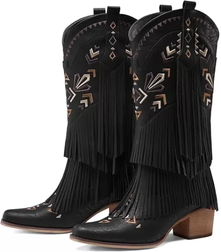 Cowboy Boots for Women Fringe Embroidered Knee High Western Cowgirl Boots Pointed Toe Chunky Heels