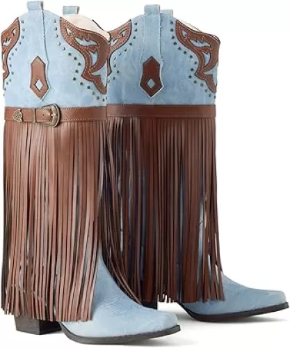 Cowboy Boots for Women Fringe Embroidered Western Knee High Cowgirl Boots Chunky Heels Pointed Toe