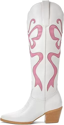 Cowgirl Boots - Womens Cowboy Boots with Colorful Bows Embroidered Western White Knee-High Boots Fashion Pull On Almond Toe Chunky Heel Country Tall Boots