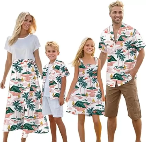Cromoncent Matching Hawaiian Outfits for Family, Dad and Son Matching Luau Beach Tropical Shirts Mommy Daughter Tropical Sets