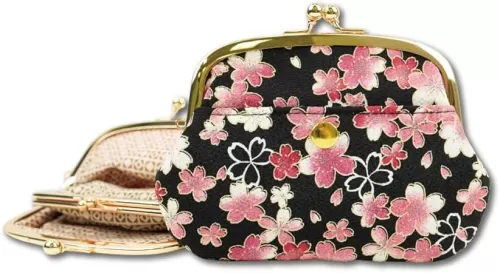 Cute Women's Wallets [ Made in Japan ] Double Structured Kiss Locks with Traditional Edo Komon Design (Dancing cherry blossom (black))