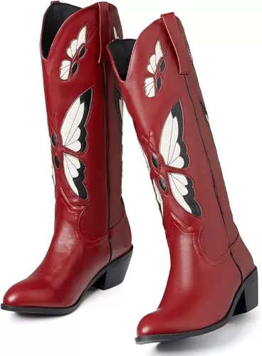 CYNLLIO Womens Cowgirl Boots Vintage Fashion Butterfly Embroidery Western Cowboy Boots Chunky Cork Heel Wide Mid Calf Boots Pull on Cosplay Shoes