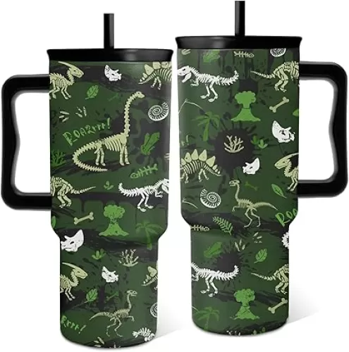 Dinosaur Gifts for Kids, Green Dinosaurs Tumbler with Handle and Straw 24 oz, Stainless Steel Insulated Dino Water Bottle Cup, Birthday Gifts for Teen Little Boys Son Adults