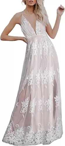 Dokotoo Womens Formal Dresses Deep V-Neck Embroidered Lace Mesh Evening Party Prom Dress Long Wedding Dress