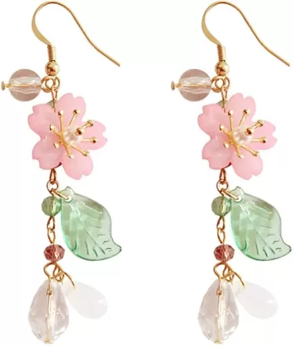 DOUBNINE Pink Flower Earrings Dangle Cherry Blossoms Sakura Floral Teardrop Lily Fairy Leaf Petal Drop Spring Women Accessories