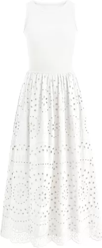 dowerme Women Summer Dresses 2025 Casual Sleeveless Crewneck A-Line Boho Lace Eyelet Cotton Tank Maxi Dress with Pockets