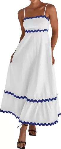 dowerme Women Summer Dresses 2025 Spaghetti Straps Sleeveless Smocked Rickrack Trim Boho Flowy Loose A-Line Midi Dress