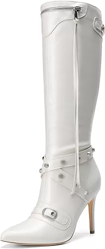 DREAM PAIRS Women's Metallic Stiletto Heeled Knee High Boots Sexy Fashion Pointed Toe Dress Boots with Stud and Zipper Tassel