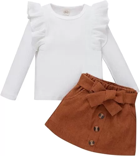 DUBASAM Trendy Kids Toddler Baby Girl Fall Outfit Ruffle Long Sleeve Knit Blouse Pullover Top Mini Skirt with Belt Clothes