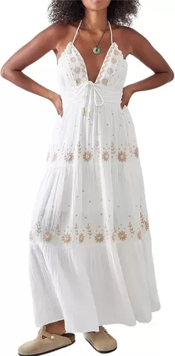 ebossy Women's Summer Boho Embroidered Daisy Maxi Dress Halter Shirred V Neck Backless Flowy Vacation Beach Sundress