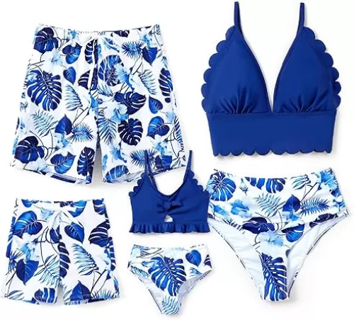 Family Matching Solid Scallop Trim Strappy Two-Piece Swimsuit and Allover Floral Print Swim Trunks Shorts