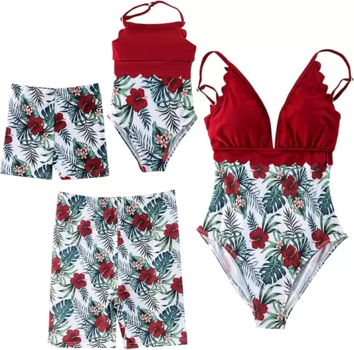 Family Matching Swimsuits Mom and Me One-Piece Swimwear Couples Bathing Suit Leaves Floral Print Beachwear