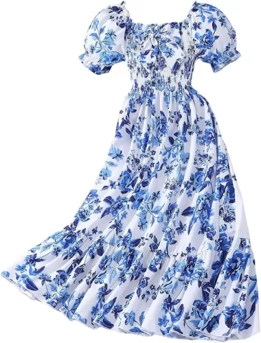 Floerns Girl's Summer Floral Bow Front Puff Sleeve Dress Shirred Tiered Ruffle Hem A Line Long Dress