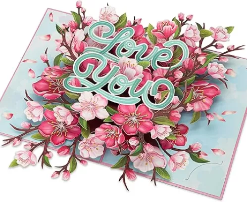 Floral Cherry Pop Up Cards, Love You, 3D Greeting Cards, Ideal Gifts for Birthday, Mothers Day, Valentines Day, Mom, Wife, Her, Girlfriend, Daughter, 5x7 - Includes Envelope And Message Note