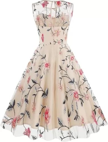 Floral Embroidered Dress for Women Sleeveless Keyhole Floral Mesh Dress Vintage Cocktail Tea Party Embroidered Tulle Dress