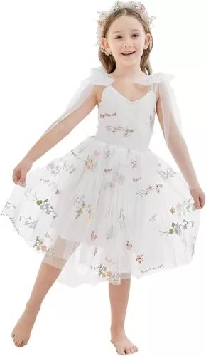 Flower Girl Dress Floral Embroidered Toddler Girls Dresses Fairy Tulle Dress for Wedding Birthday Party Photo Shoot