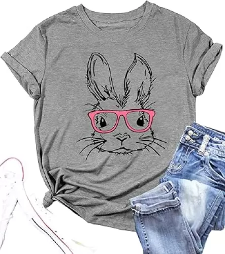 Funny Bunny Print T Shirt for Women Cute Grapic Leopard Shirts Family Blouse Gifts Easter Tops Tee