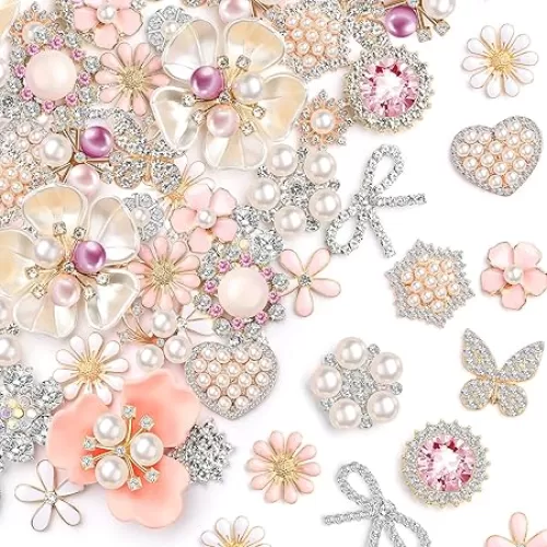 Giegxin 96 Pcs Rhinestone Buttons for Crafts Clothes Faux Pearl Embellishments Pink Butterfly Rhinestone Flower Buttons Vintage Women Pearl Brooch for Jewelry Making, DIY, Bags Shoes Supplies