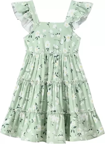 Girl Summer Dress Floral Ruffle Sleeve A Line Swing Casual Dresses Tie Back Cute Tiered Sundress 4-12Y