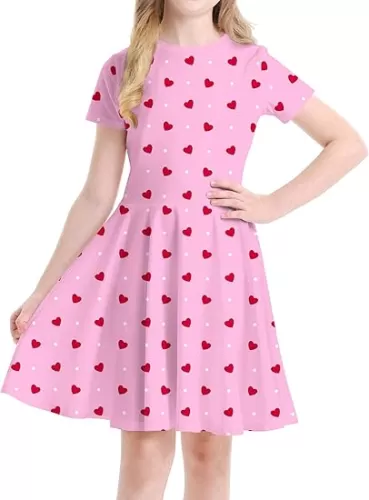 Girls Easter Dress Valentines Outfit Cute Heart Dresses Short Sleeve with Swing