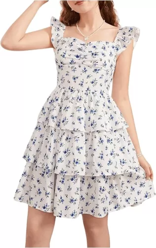 Girl's Floral Summer Dress Ruffle Shirred High Waist Ruched Sweetheart A Line Spring Dress