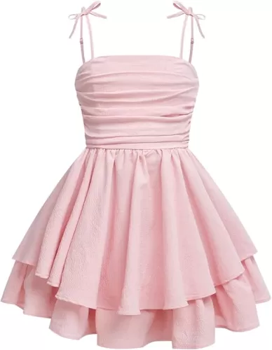 Girl's Flowy Cami Dress Ruched Sleeveless Pink Layered Ruffle Kawaii Short Smocked Summer Dresses
