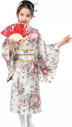 Girls Sakura Silk Satin Kimono Dress Gown Cherry Blossom Long Kimono Robe Yukata Japanese Costume for Kids