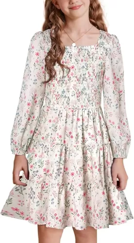 GRACE KARIN Girls Fall Long Sleeve Floral Square Neck Smock Tiered Casual Holiday Dress Size 5-14