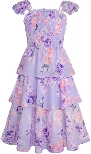 GRACE KARIN Girls Floral Smock Dress Flutter Sleeves Flowing Tiered Layers Spring Summer Midi Holiday Boho Dresses 5-12Y