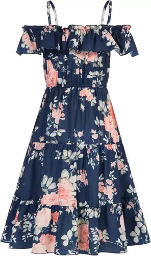GRACE KARIN Girls Summer Dress Off Shoulder Ruffle Floral Spaghetti Strap Casual Sundress Tiered Midi Dress