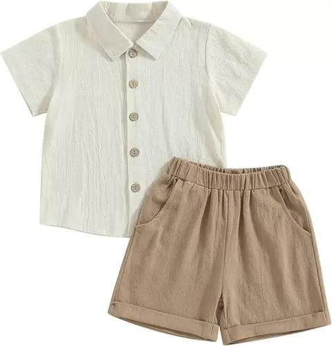 Gueuusu Baby Boy Girl Summer Clothes Toddler Cotton Linen Short Sleeve Button Up Dress Shirt Shorts Set 2PCS Outfit