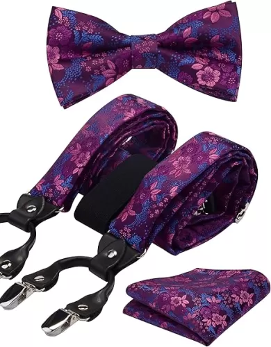 GUSLESON Adjustable Plaid Floral 6 Clips Y Shape Suspenders Pre-tied Bow Tie and Pocket Square Set with Gift Box