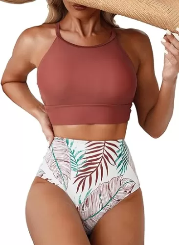 Herseas Women's Bikini Sets High Neck Tropical Leaf Print High Waisted Two Pieces Swimsuits Bathing Suits