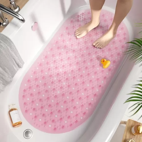 HITSLAM Oval Bath Mat for Tub, 27x15 Inch Bubble Bathtub Mat Non Slip, Machine Washable Bathroom Shower Mat with Drain Holes and Suction Cups, Bathroom Accessories Pink