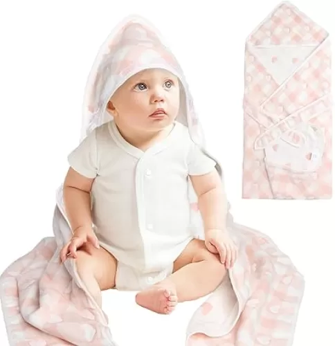 Hooded Baby Towel 100% Muslin Cotton Soft and Absorbent Baby Bath Towel with Hood for Newborns Infants Toddlers and Kids Large 35x35 Inch Grid Heart Pattern (Pink)