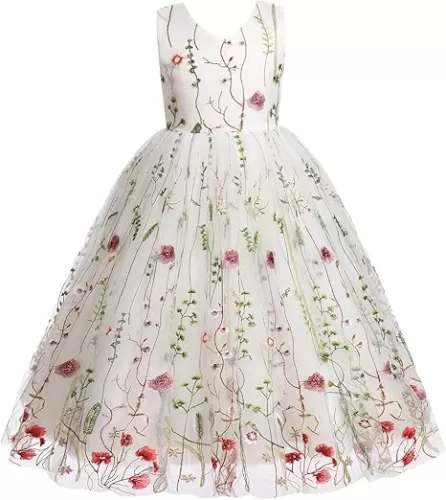 IDOPIP Embroidery Flower Girl Lace Dress for Kids Wedding Pageant Party First Communion Dresses Princess Bridesmaid Maxi Gown
