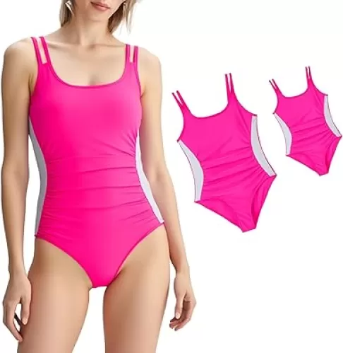 IFFEI Mommy and Me Swimsuits Scoop Neck Color Block Tummy Control One Piece Bathing Suit Family Matching Swimwear Beachwear