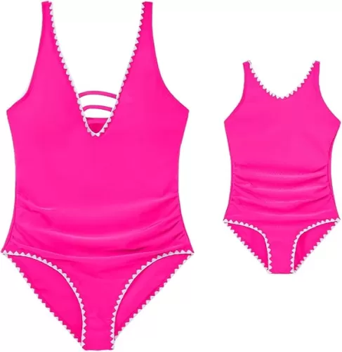 IFFEI Mommy and Me Swimsuits V Neck Color Block Tummy Control One Piece Bathing Suit Family Matching Swimwear Beachwear