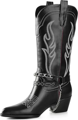 iiimmu Cowboy Boots for Women with Chain, Pointy Toe Chunky Heel Women's Riding Boots with Embroidered, Pull on Style Western Boots, Faux Leather