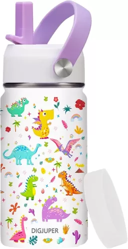 Insulated Water Bottles Kids w/Straw - 12 oz Stainless Steel Water Bottle for School, Simple Girls Gift BPA-Free Water Cup, Double Wall Thermo Metal Mug 12oz Travel Flask, Modern White Dinosaur