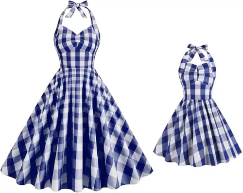 IWEMEK Mommy and Me Dresses Girls Pink and White Plaid Dress for Women Plaid Halter Dresses 50s Pinup 1950s Cocktail Dress