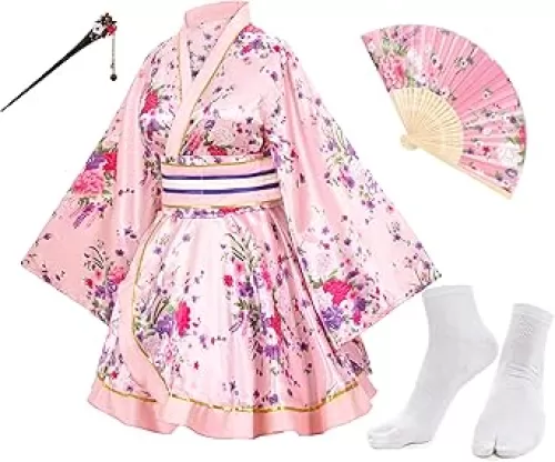 Japanese Anime Women's Dance Kimono Robe Fancy Dress Hand Held Silk Folding Fans Tabi Hairstick Socks Set