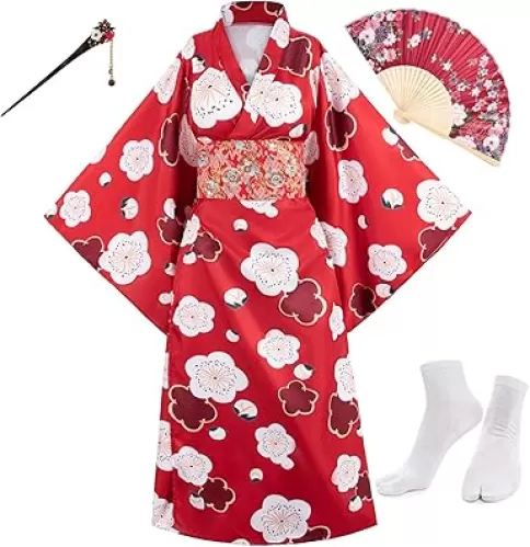 Japanese Anime Women's Long Kimono Robe Fancy Dress Hand Held Silk Folding Fans Tabi Socks Hairstick Set Sakura Red